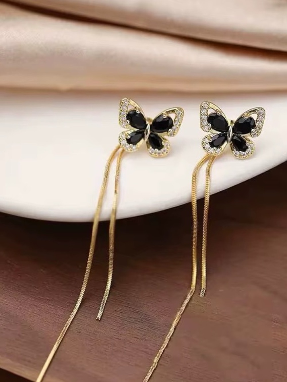 ***Exquisite Gold Butterfly Drop Earrings with Black Crystals